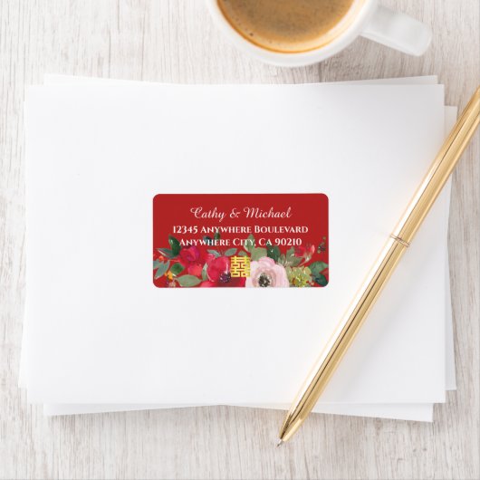 Rood roze florChinees trouwadres Etiket (Insitu)