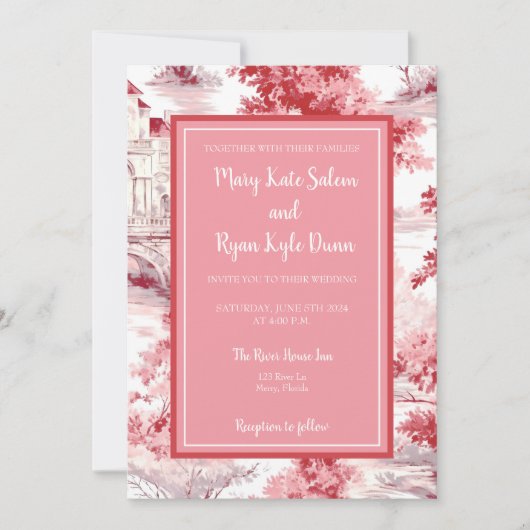 Rood Roze Frans Toile Bruiloft Uitnodiging (Voorkant)
