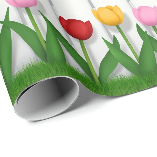 Rood Roze & Gele Tulpen Witte Piket hek tegel Cadeaupapier (Rol Hoek)