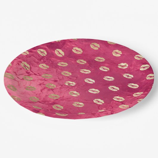 Rood Roze Glam Gouden Lippen Papieren Bordje (Gekanteld)