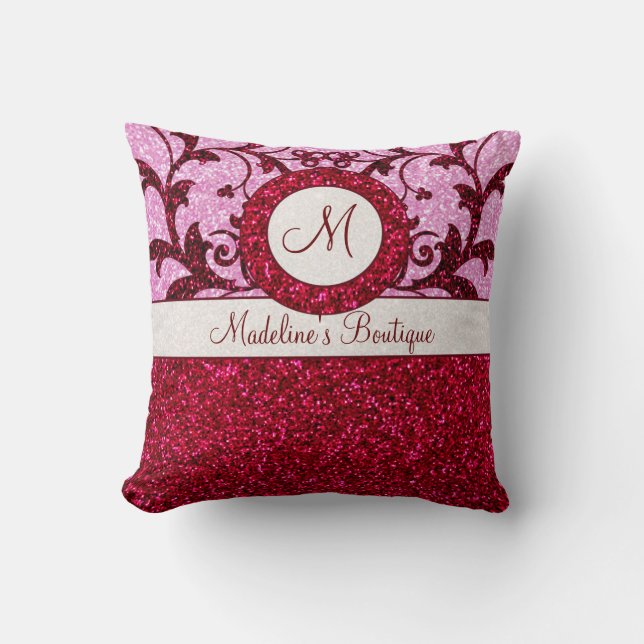 Rood roze glitter aanpasbaar monogram kussen (Voorkant)