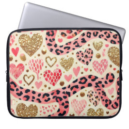 ROOD ROZE GOUDEN VALENTIJN HARTEN & LUIPAARD PRINT LAPTOP SLEEVE