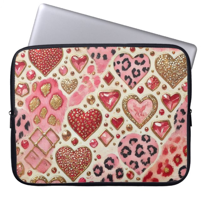 ROOD ROZE GOUDEN VALENTIJN HARTEN & LUIPAARD PRINT LAPTOP SLEEVE (Voorkant)