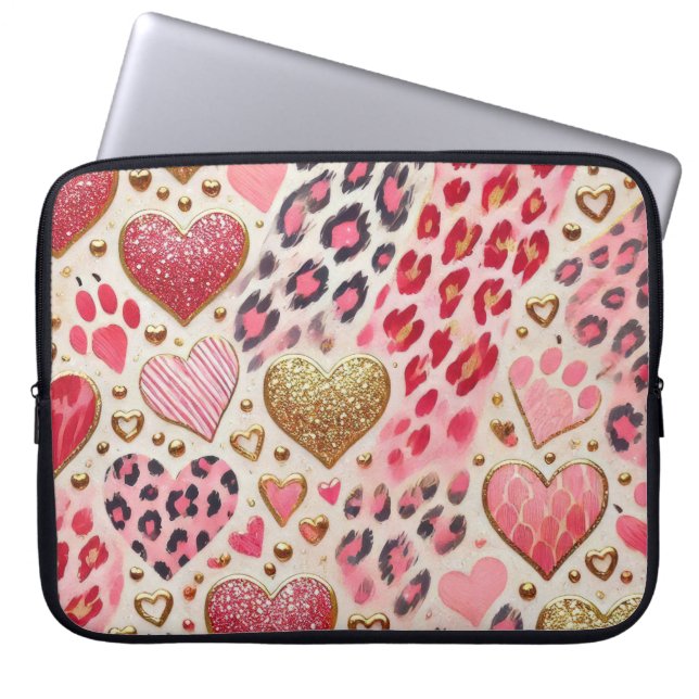 ROOD ROZE GOUDEN VALENTIJN HARTEN & LUIPAARD PRINT LAPTOP SLEEVE (Voorkant)