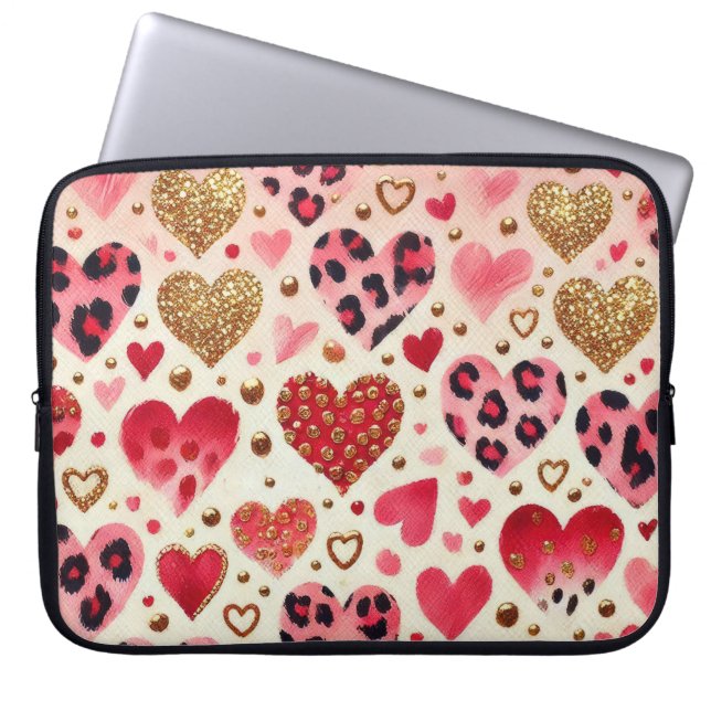ROOD ROZE GOUDEN VALENTIJN HARTEN & LUIPAARD PRINT LAPTOP SLEEVE (Voorkant)