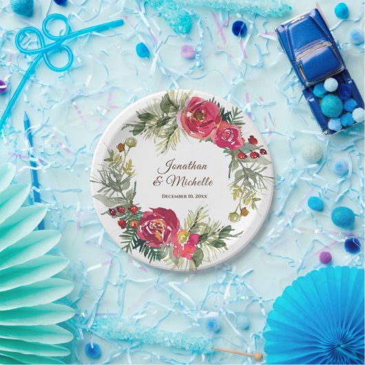 Rood Roze Groen Bloemen Kerstmis Krans Bruiloft Papieren Bordje (Feest)