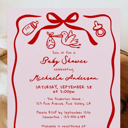 Rood & Roze Hand getrokken Doodle Whimsical Baby s Kaart