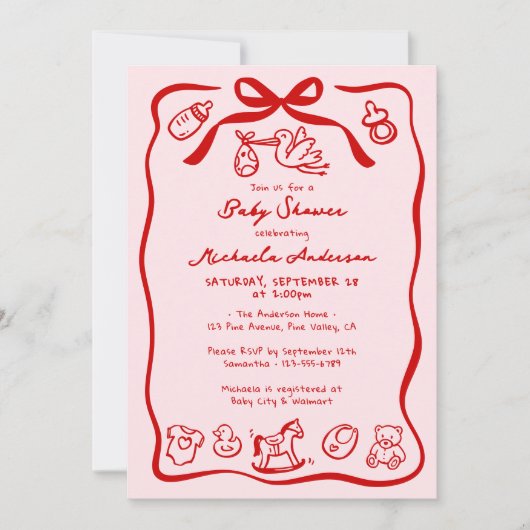 Rood & Roze Hand getrokken Doodle Whimsical Baby s Kaart (Voorkant)