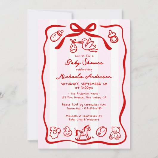 Rood & Roze Hand getrokken Doodle Whimsical Baby s Kaart (Voorkant)