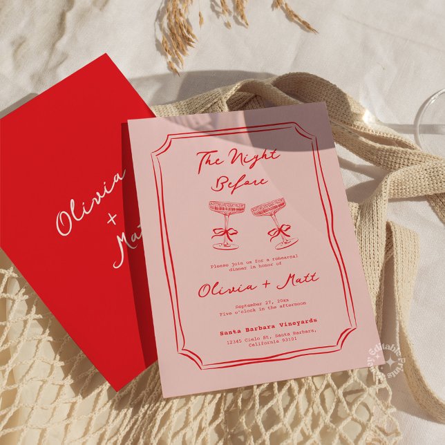 Rood + Roze Handgeschreven Oefendiner (whimsical rehearsal dinner cocktails drinks wedding invite)