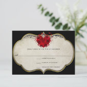 Rood Roze Hart op Zwart Metallic RSVP Kaartje (Staand voorkant)