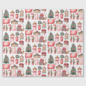 Rood roze kerstboom krans patroon cadeaupapier (Vlak)