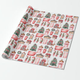 Rood roze kerstboom krans patroon cadeaupapier