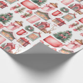 Rood roze kerstboom krans patroon cadeaupapier (Hoek)