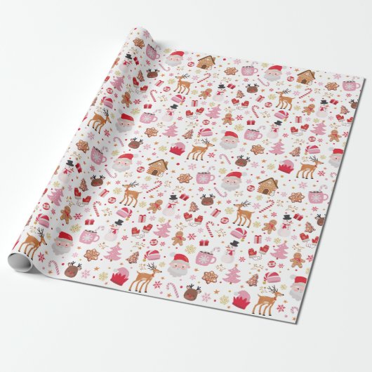 Rood Roze Kerstmis Sinterklaas rendieren Wonderlan Cadeaupapier (Uitgerold)