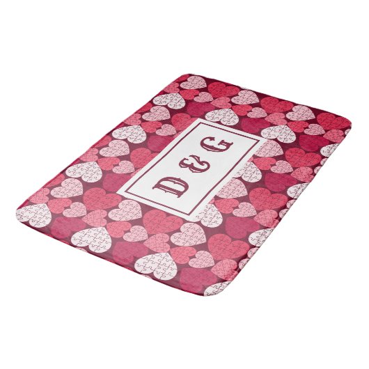 Rood & Roze Legpuzzel Hart Patroon Monogram Badmat (Gekanteld)