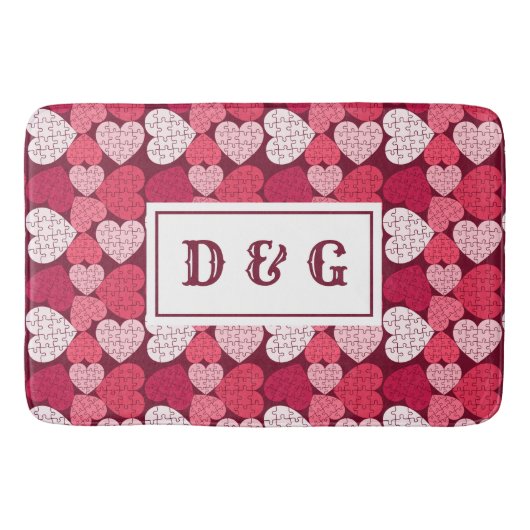 Rood & Roze Legpuzzel Hart Patroon Monogram Badmat (Voorkant)
