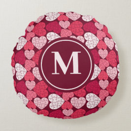 Rood & Roze Legpuzzel Hart Patroon Monogram Rond Kussen