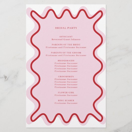 Rood Roze Levendige Wavy Border Ceremonie Programm (Achterkant)