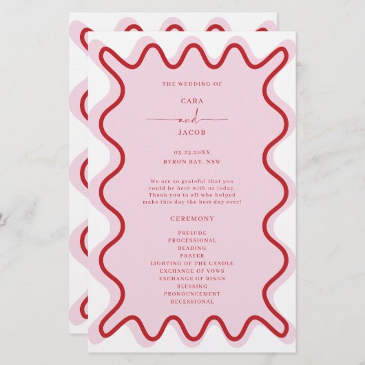Rood Roze Levendige Wavy Border Ceremonie Programm (Voorkant / Achterkant)