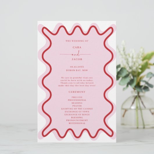 Rood Roze Levendige Wavy Border Ceremonie Programm (Staand voorkant)