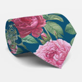 Rood, Roze & Magenta Roos Bloemen met Groen Blader Stropdas (Opgerold)