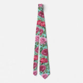Rood, Roze & Magenta Roos Bloemen met Groen Blader Stropdas (Achterkant)