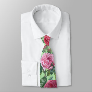 Rood, Roze & Magenta Roos Bloemen met Groen Blader Stropdas
