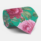 Rood, Roze & Magenta Roos Bloemen met Groen Blader Stropdas (Opgerold)