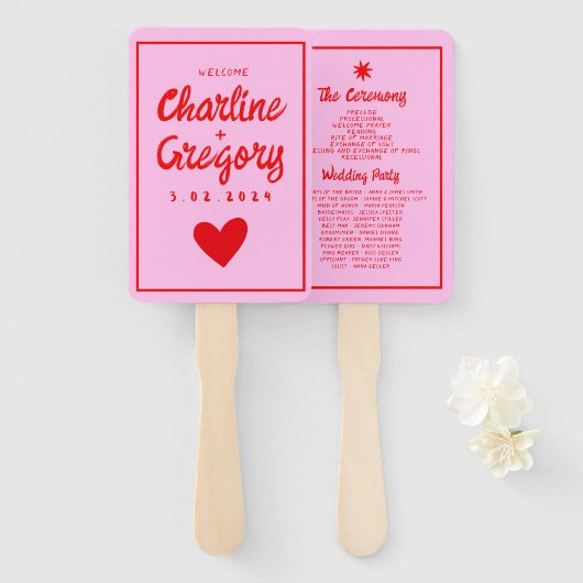 Rood Roze Modern Handschrift Trouwprogramma Handwaaier (Voorkant en achterkant)