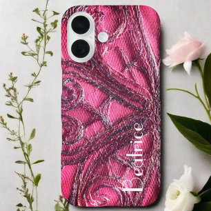 Rood roze monogram bloemen abstracte textielkunst iPhone 16 hoesje