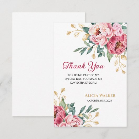 Rood Roze Pioen Goud Blad Groen Verjaardag Bedankkaart (Voorkant / Achterkant)