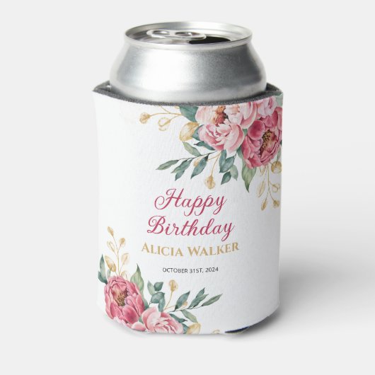 Rood Roze Pioen Goud Blad Groen Verjaardag Blikjeskoeler (Blikje Achterkant)