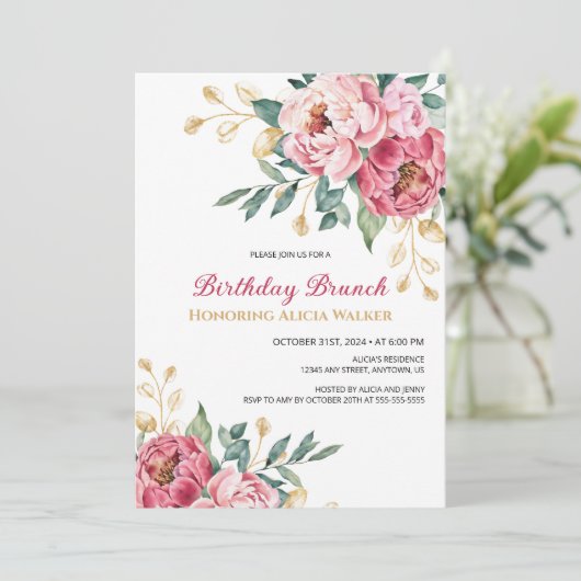 Rood Roze Pioen Goud Blad Groen Verjaardag Brunch Kaart (Staand voorkant)