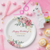 Rood Roze Pioen Goud Blad Groen Verjaardag Brunch Papieren Bordje (Feest)