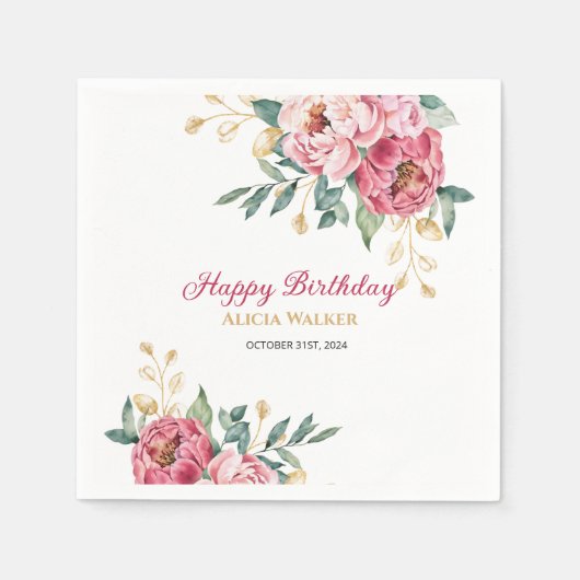 Rood Roze Pioen Goud Blad Groen Verjaardag Brunch Servet (Voorkant)