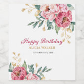 Rood Roze Pioen Goud Blad Groen Verjaardag Brunch Wijn Etiket (Enkel label)
