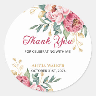 Rood Roze Pioen Goud Bladgroen Verjaardag Bedankt Ronde Sticker