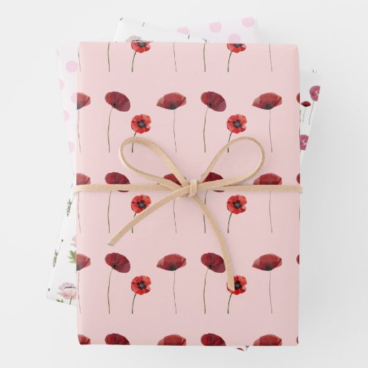 Rood Roze Poppy Bloemen & Roze Polka Dots Patronen Inpakpapier Vel (In situ)