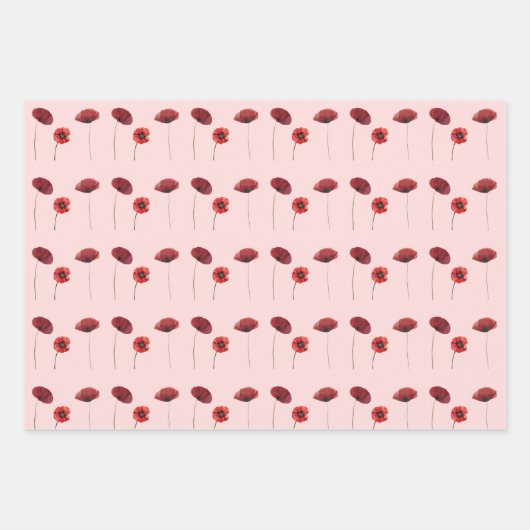 Rood Roze Poppy Bloemen & Roze Polka Dots Patronen Inpakpapier Vel (Voorkant)