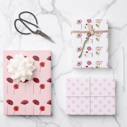 Rood Roze Poppy Bloemen & Roze Polka Dots Patronen Inpakpapier Vel (Voorkant)
