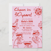 Rood Roze Retro Hand Getrokken Funky 30e Verjaarda Kaart (Voorkant)