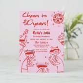 Rood Roze Retro Hand Getrokken Funky 30e Verjaarda Kaart (Staand voorkant)