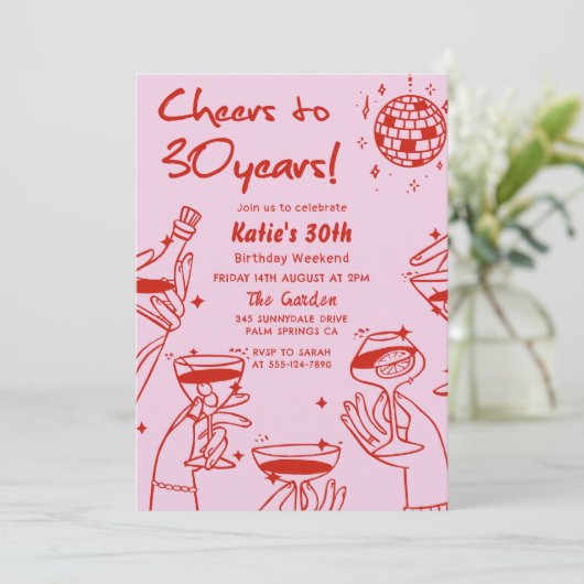 Rood Roze Retro Hand Getrokken Funky 30e Verjaarda Kaart (Staand voorkant)