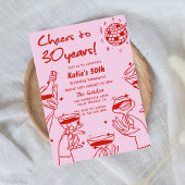 Rood Roze Retro Hand Getrokken Funky 30e Verjaarda Kaart