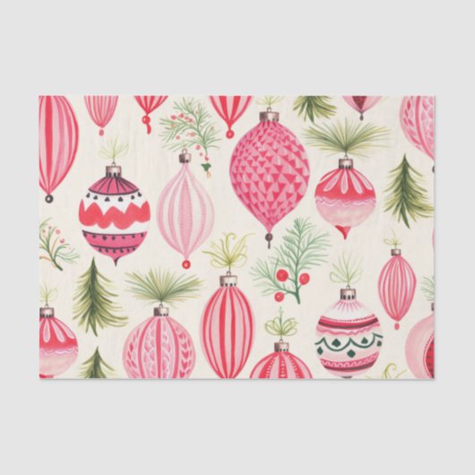 Rood Roze Retro Kerst Ornamenten Tissuepapier (Voorkant)