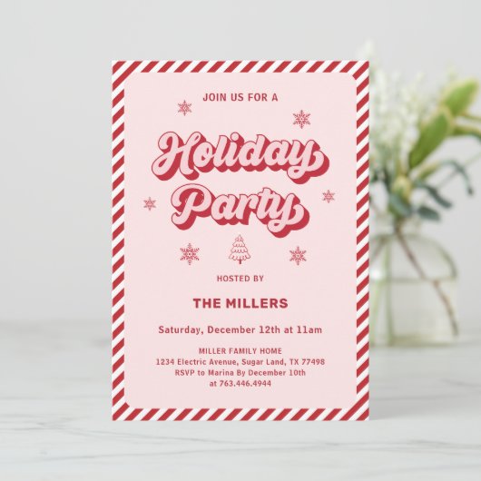 Rood Roze Retro Kerstmis Feest Kaart (Staand voorkant)