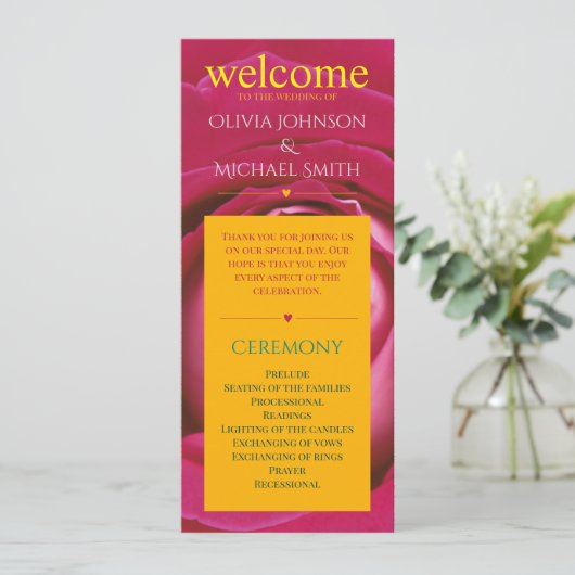 Rood roze roos bloem bruiloft programma programmakaart (Staand voorkant)