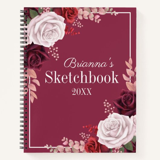 Rood roze rozen Jouw naam Sketchbook Notitieboek (Voorkant)