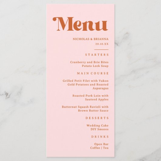 Rood Roze Sinaasappel Retro bruiloft Menu (Voorkant)